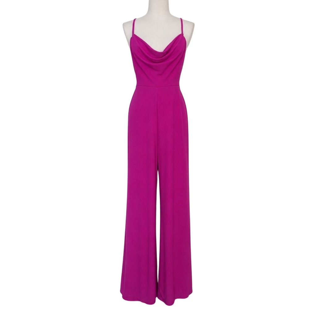 Halston Heritage Axelle Hibiscus Pink Cowl Neck Wide Leg Crepe Jumpsuit Sz 2 NWT